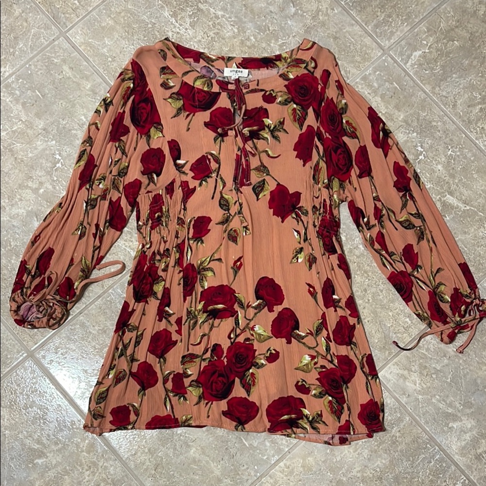 Floral Women's Mini Dress - Red and Tan